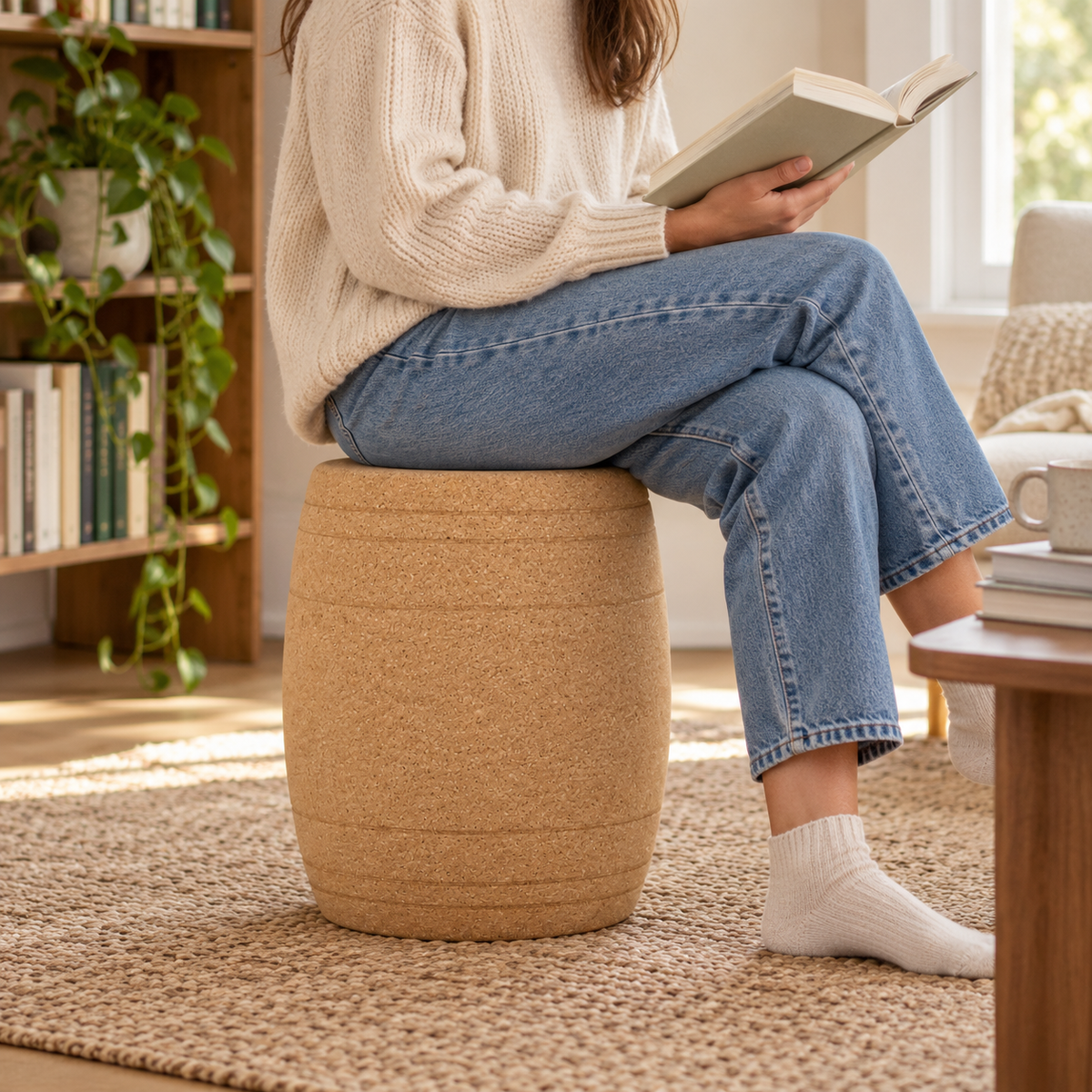Barrel Cork Stool used as seating in a warm residential reading setting