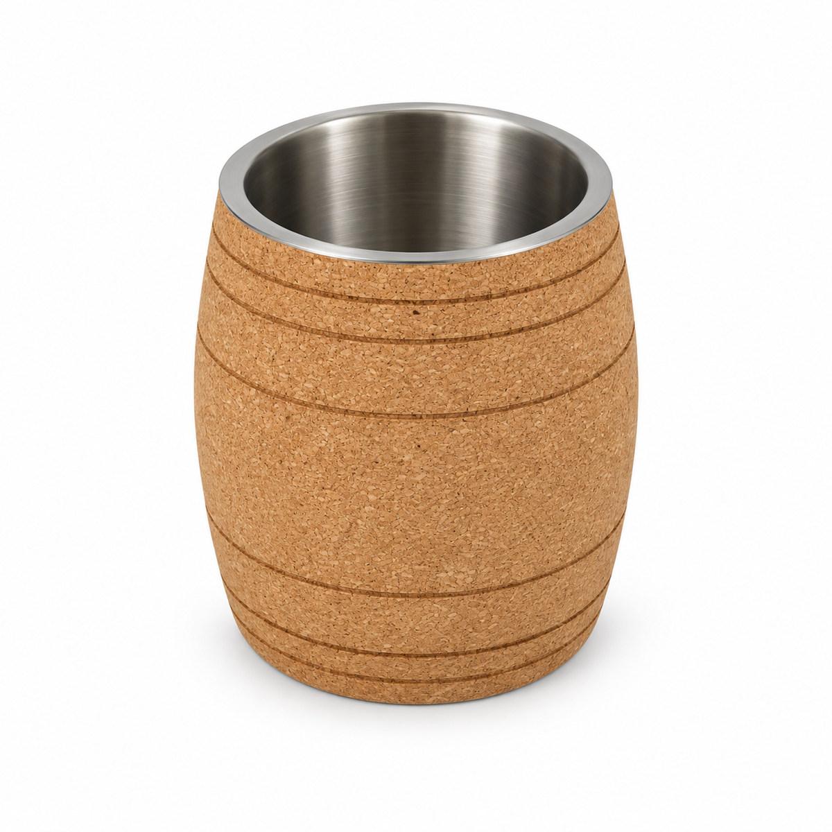 Barrel cork wine cooler, angled studio view showing cork body and stainless-steel liner