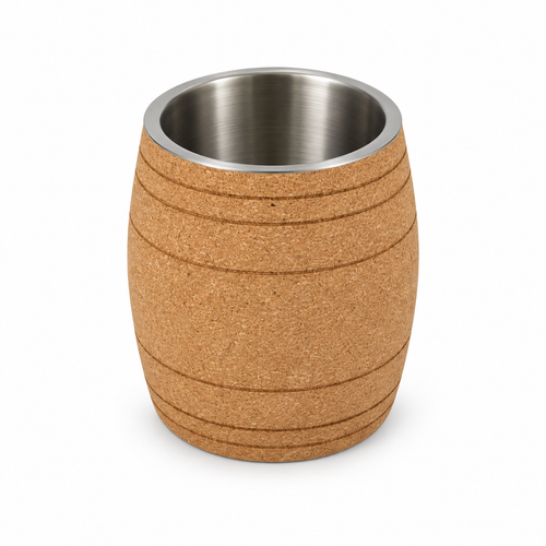 Barrel cork wine cooler, angled studio view showing cork body and stainless-steel liner