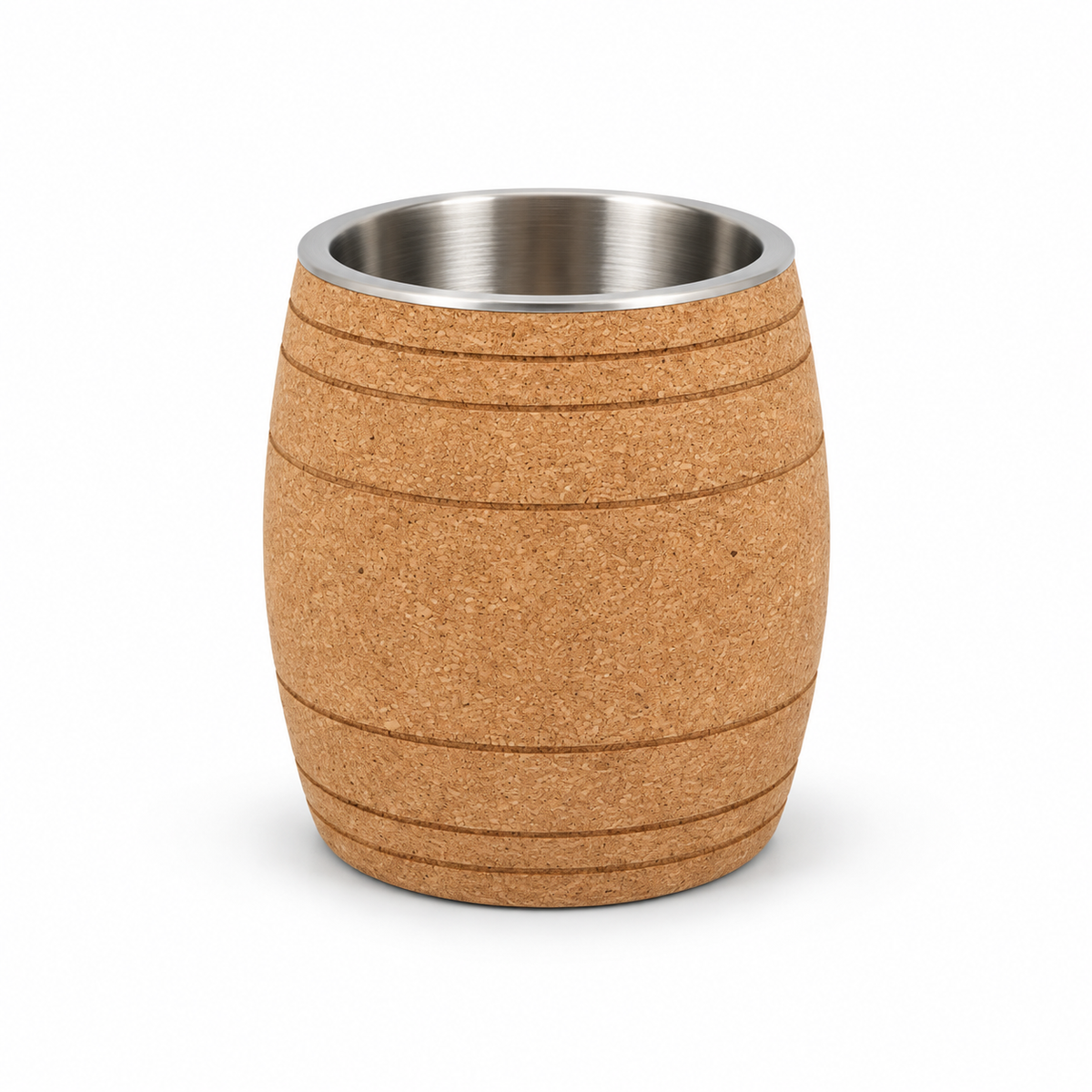 Barrel cork wine cooler, Ø190 × H205 mm, natural cork with stainless-steel liner on white background
