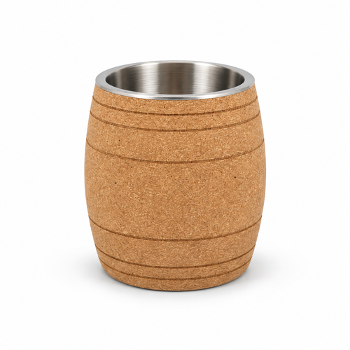 Barrel cork wine cooler, Ø190 × H205 mm, natural cork with stainless-steel liner on white background