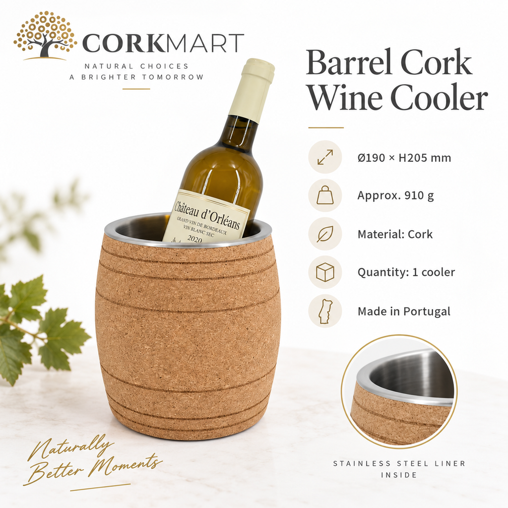 Barrel cork wine cooler infographic with Ø190 × H205 mm dimensions, 910 g weight, cork material, stainless-steel liner and Made in Portugal