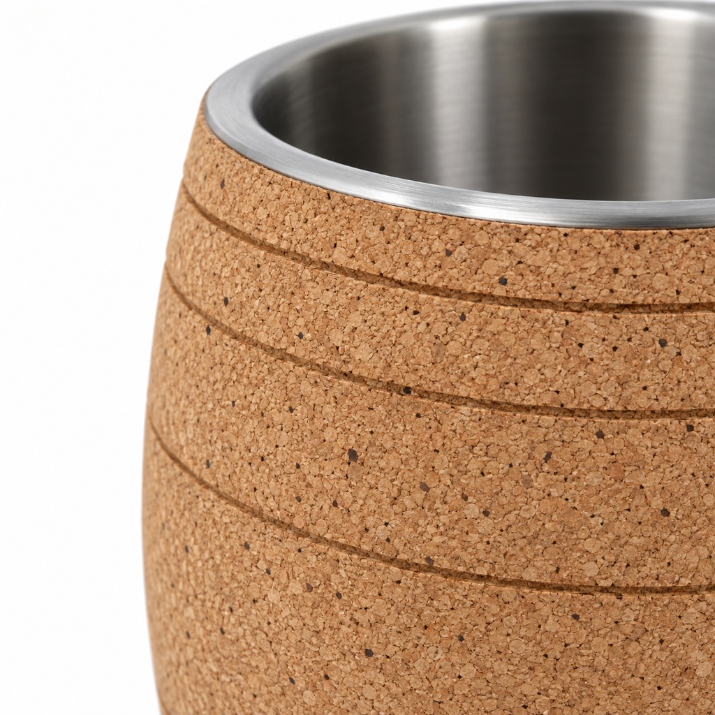 Macro detail of natural cork texture, decorative grooves and stainless-steel rim on barrel wine cooler