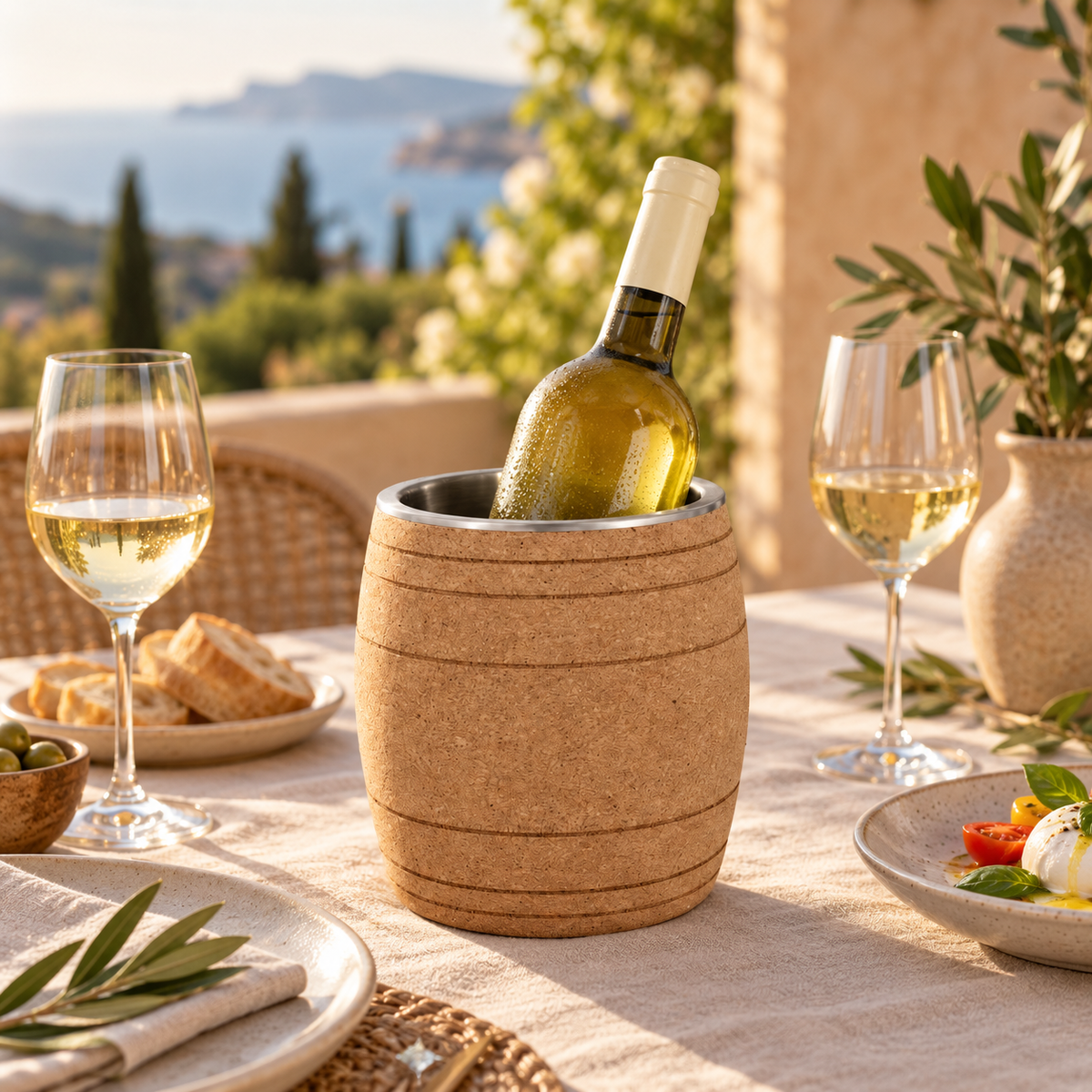 Barrel cork wine cooler holding a chilled wine bottle in a Mediterranean dining setting