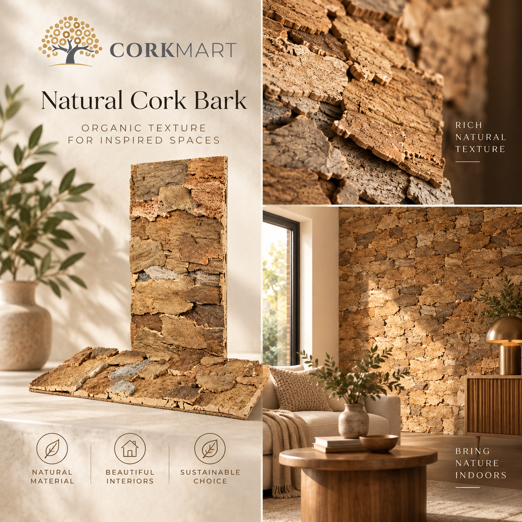 Belly Cork Bark Wall Panel editorial collage with official CorkMart logo, bark texture, product view and real interior application