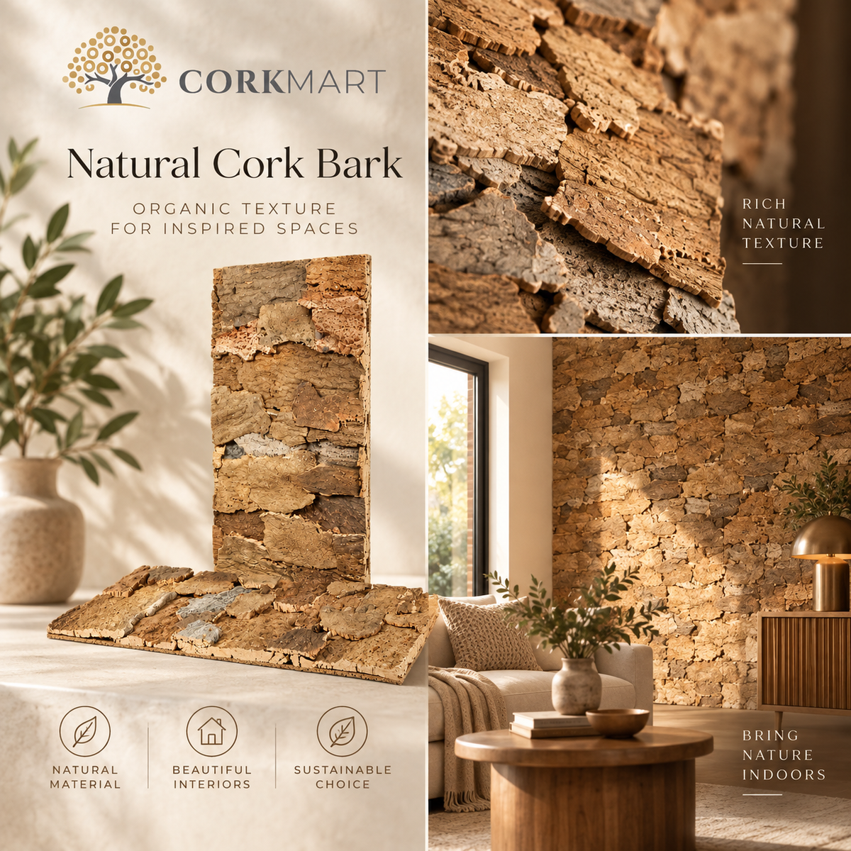 Belly Cork Bark Wall Panel editorial collage with official CorkMart logo, bark texture, product view and real interior application