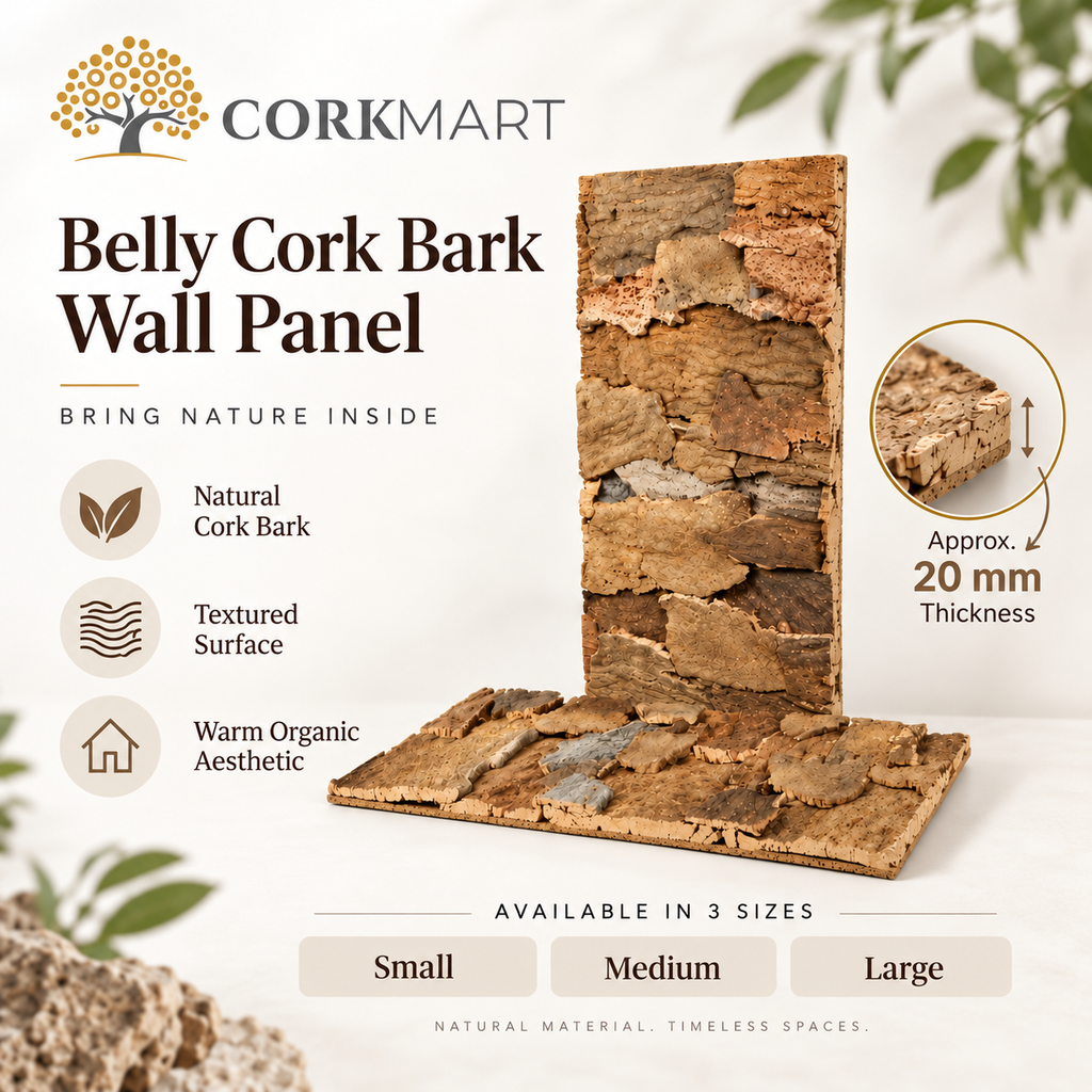 Belly Cork Bark Wall Panel infographic with official CorkMart logo, three available sizes and approx. 20 mm thickness