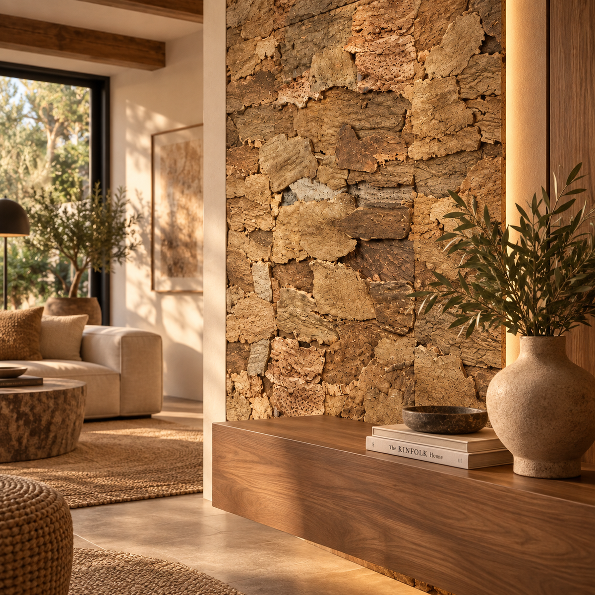 Belly Cork Bark Wall Panel used as a tactile natural wall feature in a warm premium interior