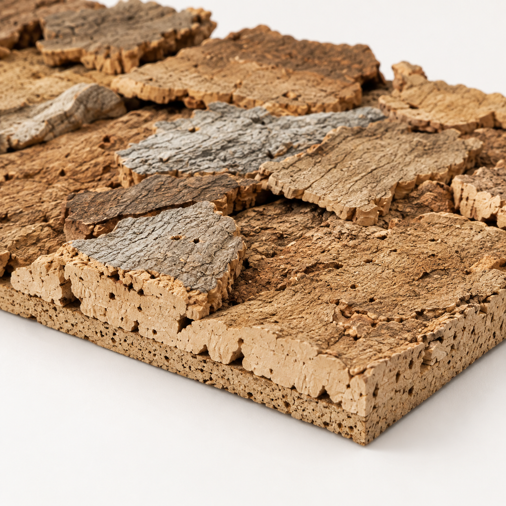 Macro detail of Belly Cork Bark Wall Panel showing irregular natural bark texture, depth and cork base