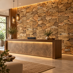 Belly Cork Bark Wall Panels installed as a decorative feature wall in a hospitality reception interior