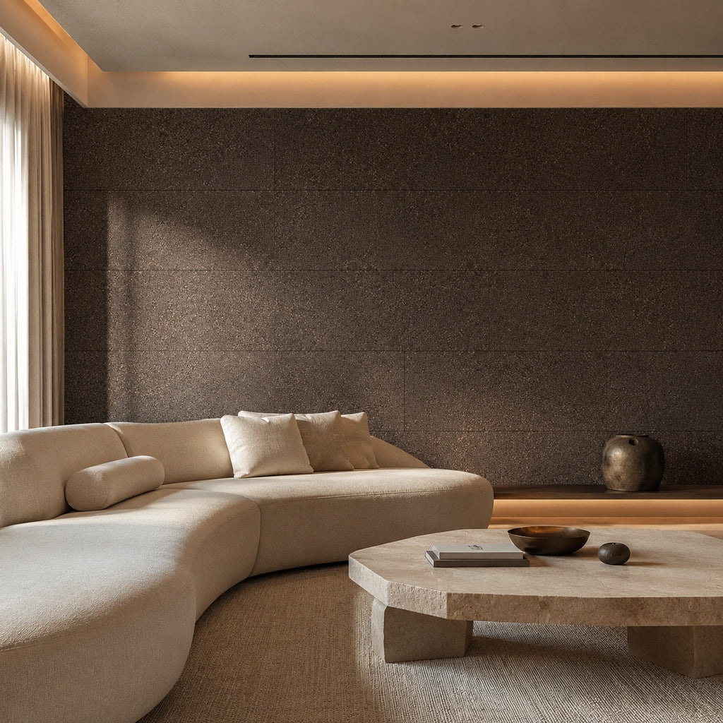 Black Cork wall tile shown in a conceptual architectural interior visualization