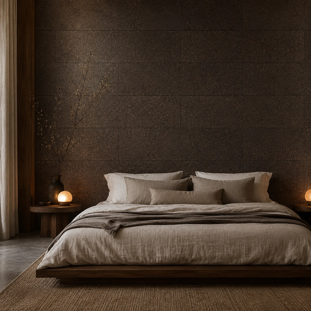 Black Cork wall tile shown in a conceptual residential bedroom visualization