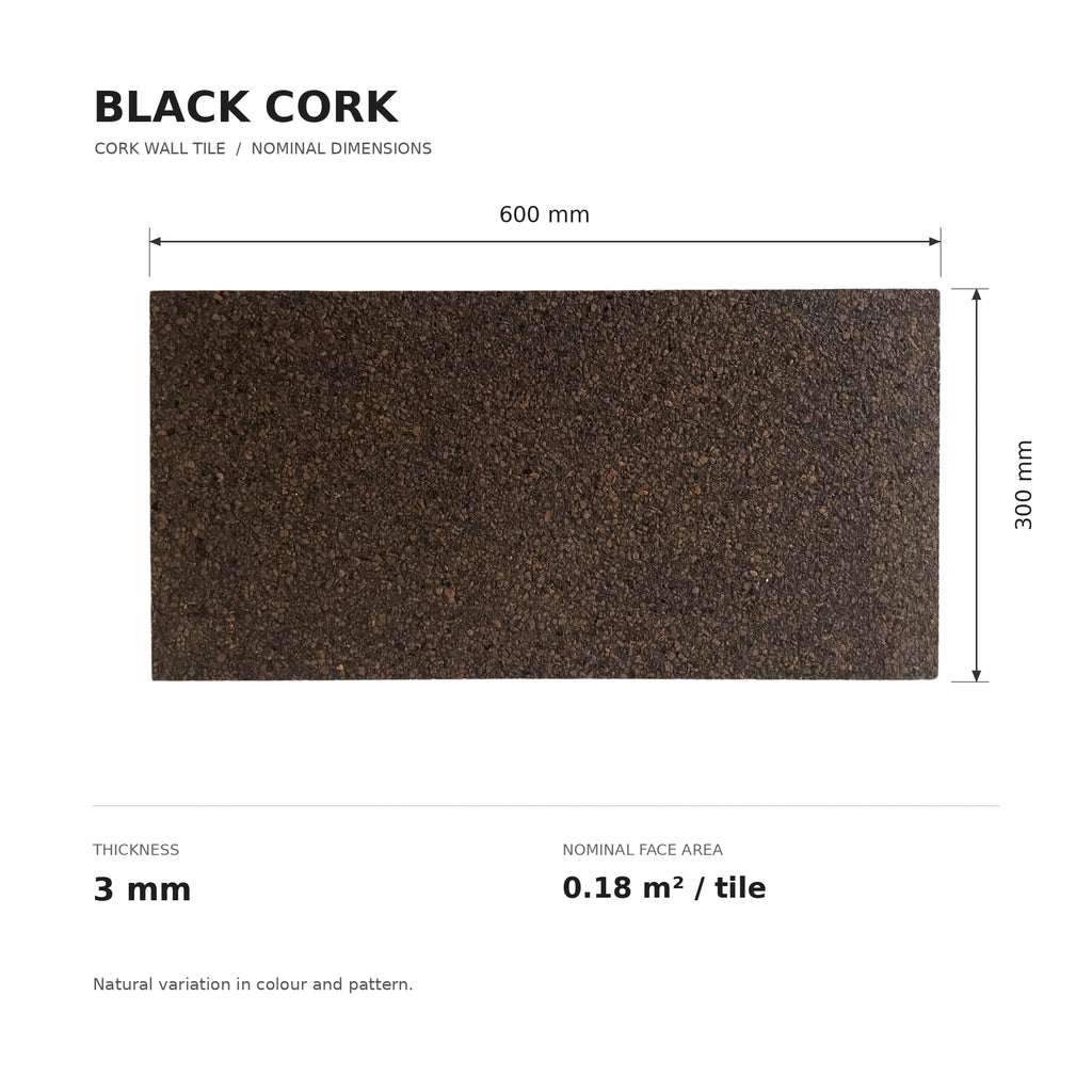 Black Cork wall tile dimensions for the 600 × 300 × 3 mm format; 300 × 300 mm format also available