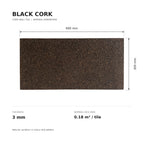 Black Cork wall tile dimensions for the 600 × 300 × 3 mm format; 300 × 300 mm format also available