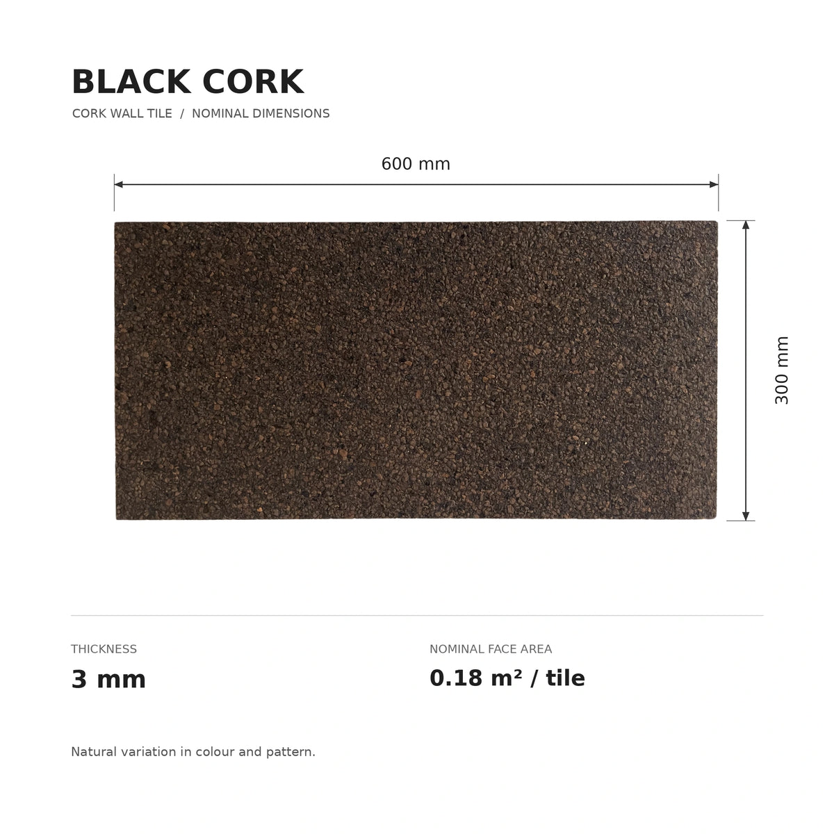 Black Cork wall tile dimensions for the 600 × 300 × 3 mm format; 300 × 300 mm format also available