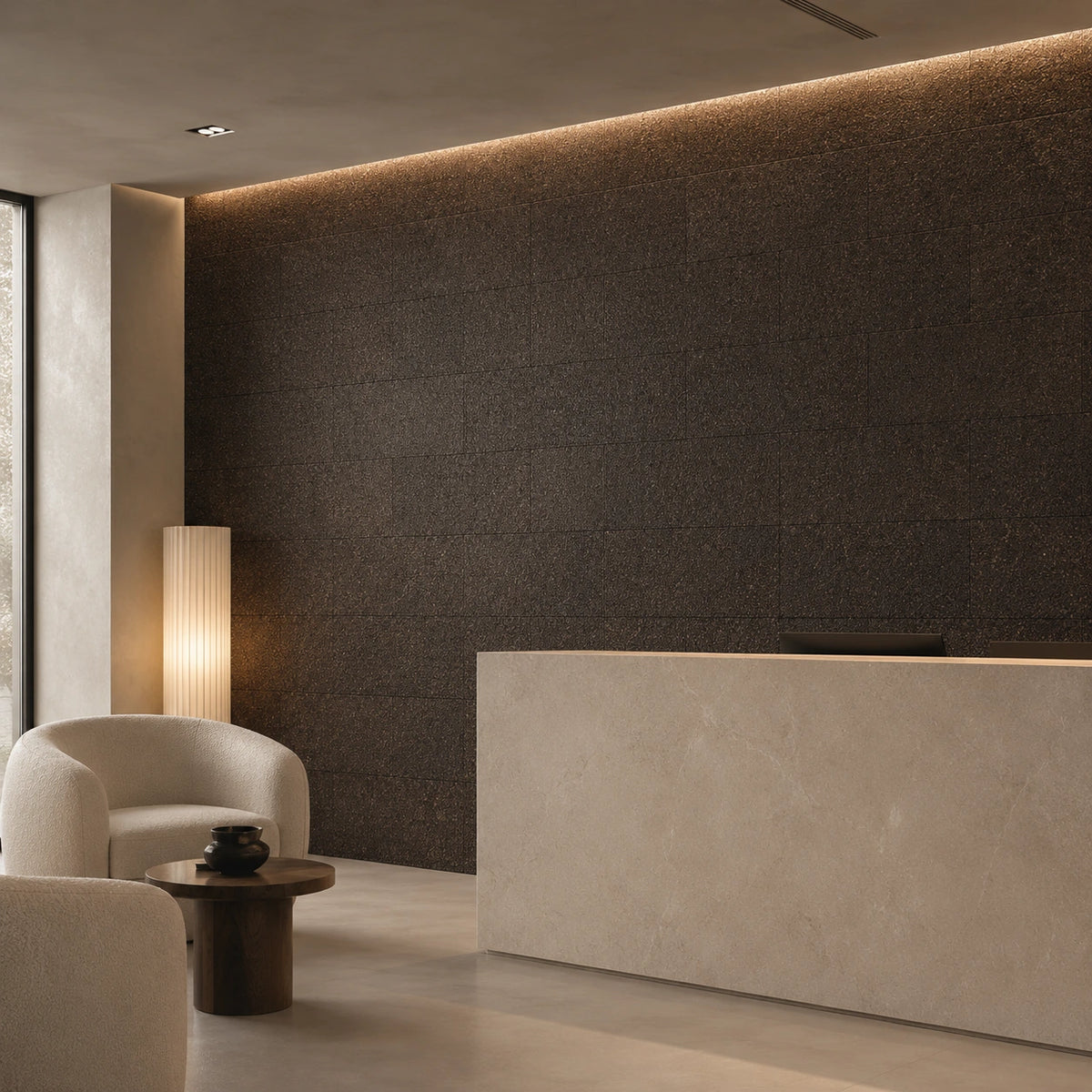 Black Cork wall tile shown in a conceptual hospitality reception visualization
