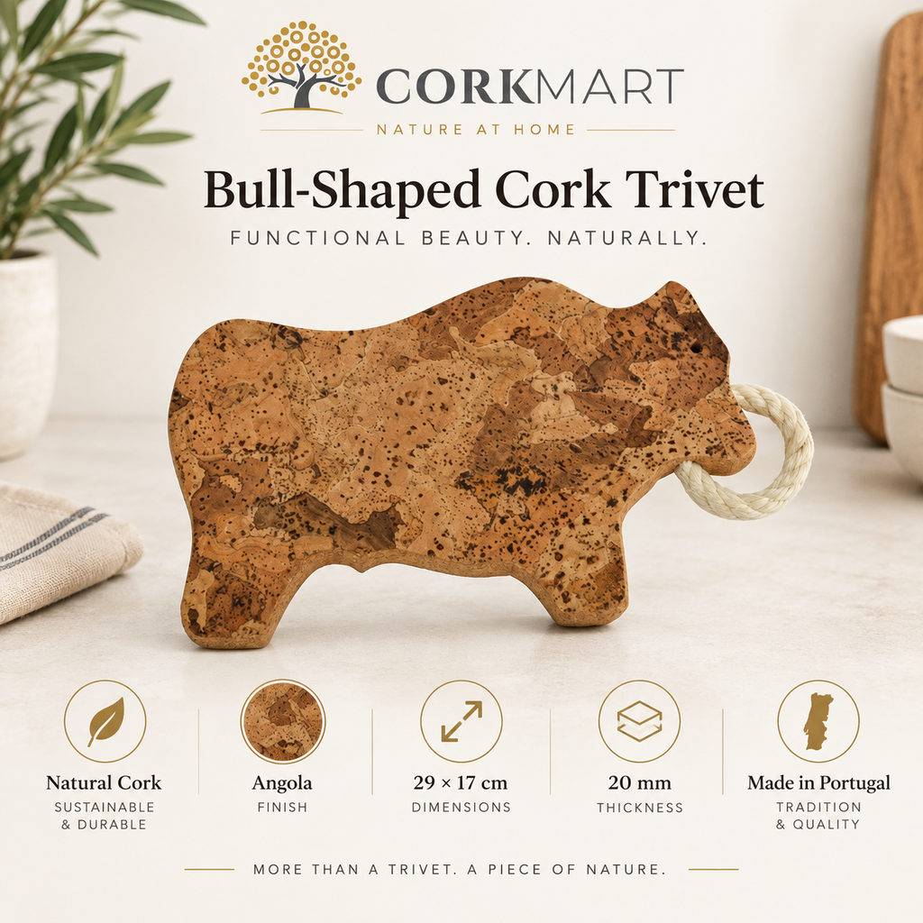 Bull-Shaped Cork Trivet Angola product collage with official CorkMart logo, dimensions and 20 mm thickness