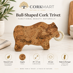 Bull-Shaped Cork Trivet Angola product collage with official CorkMart logo, dimensions and 20 mm thickness