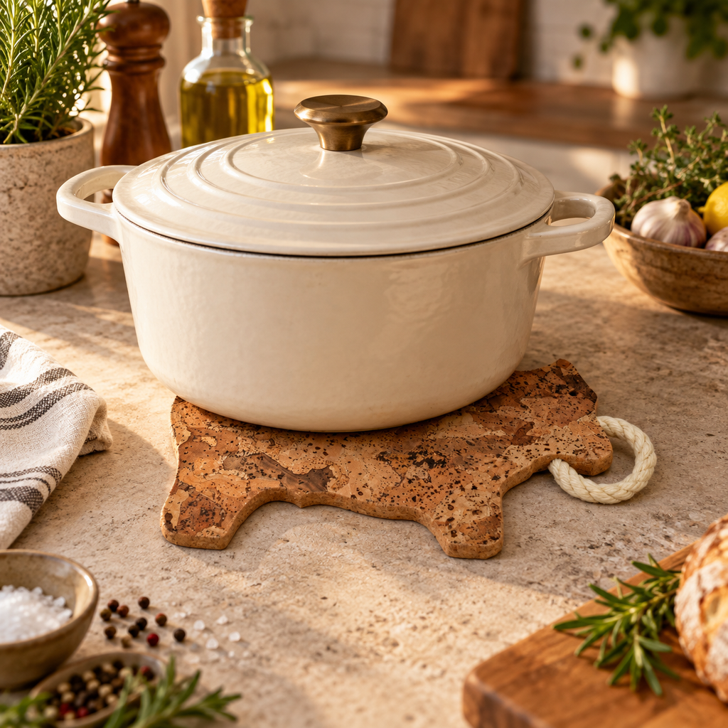 Bull-Shaped Cork Trivet Angola supporting hot cookware in a warm kitchen