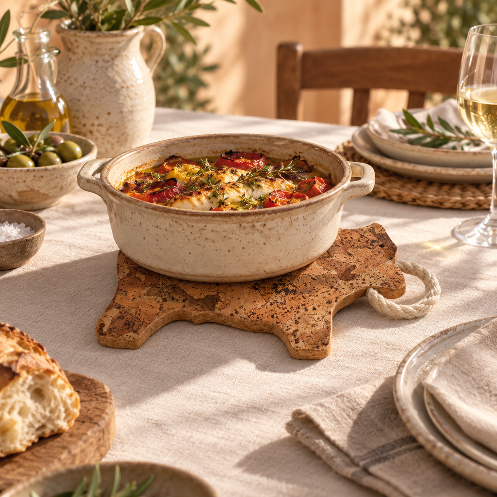 Bull-Shaped Cork Trivet Angola in a Mediterranean table setting