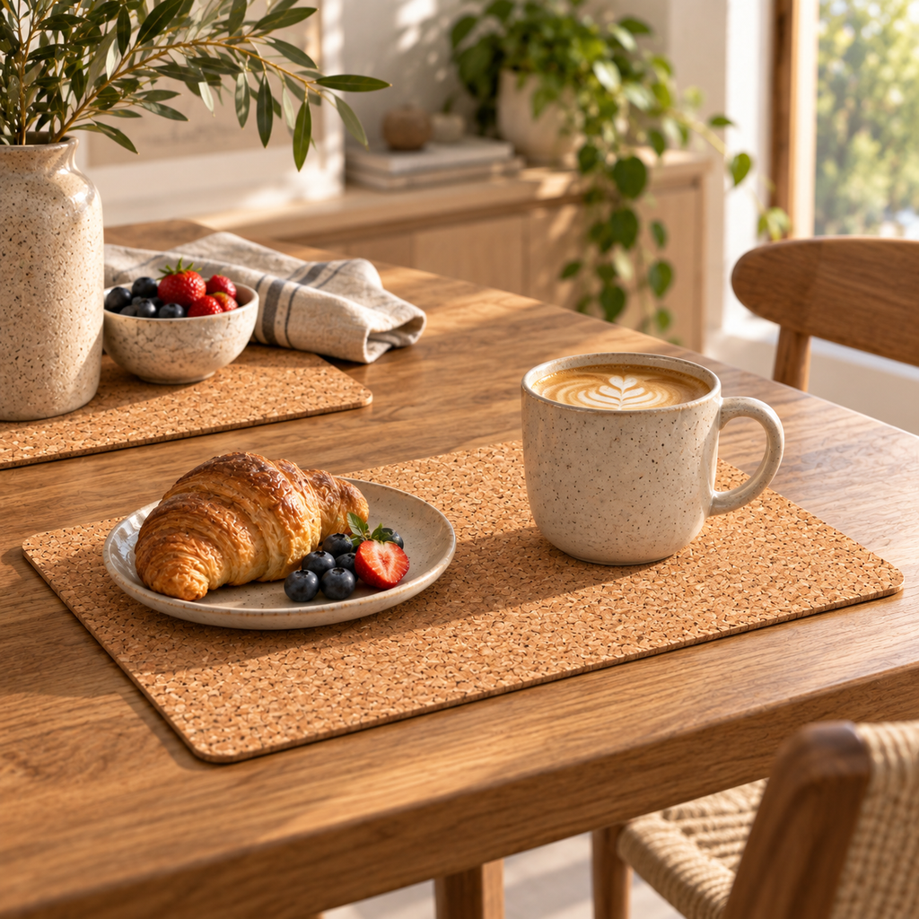 Classic Natural cork placemat in a warm breakfast table setting