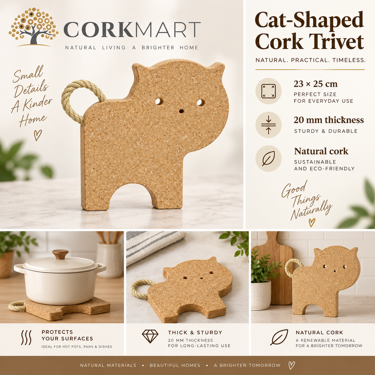 Cat-Shaped Cork Trivet product collage with official CorkMart logo, 23 × 25 cm dimensions and 20 mm thickness