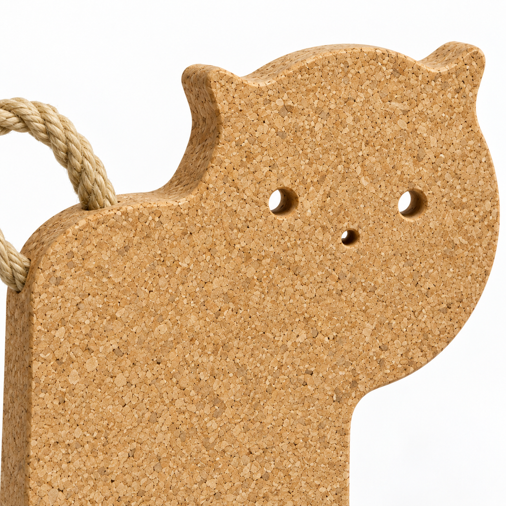 Close-up of Cat-Shaped Cork Trivet natural cork texture, face details and rope tail
