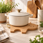 Cat-Shaped Cork Trivet supporting hot cookware in a warm kitchen
