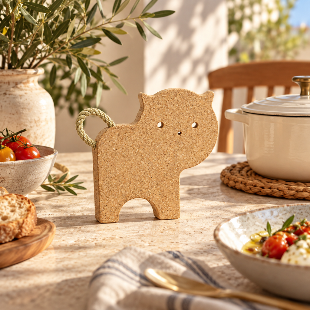 Cat-Shaped Cork Trivet in a warm Mediterranean table setting