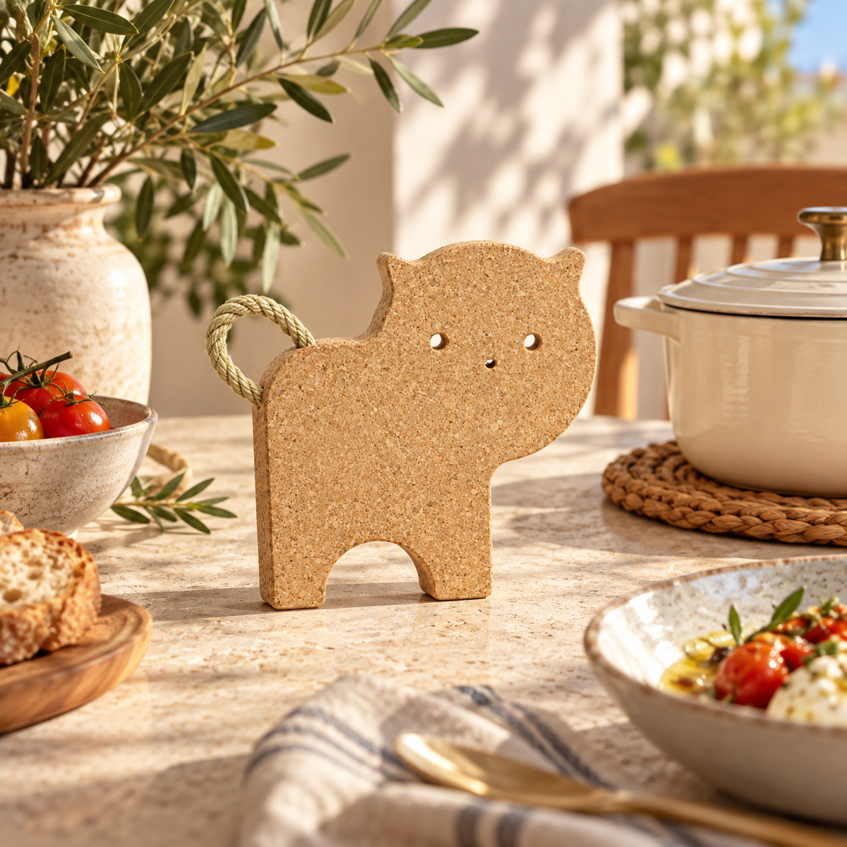 Cat-Shaped Cork Trivet in a warm Mediterranean table setting