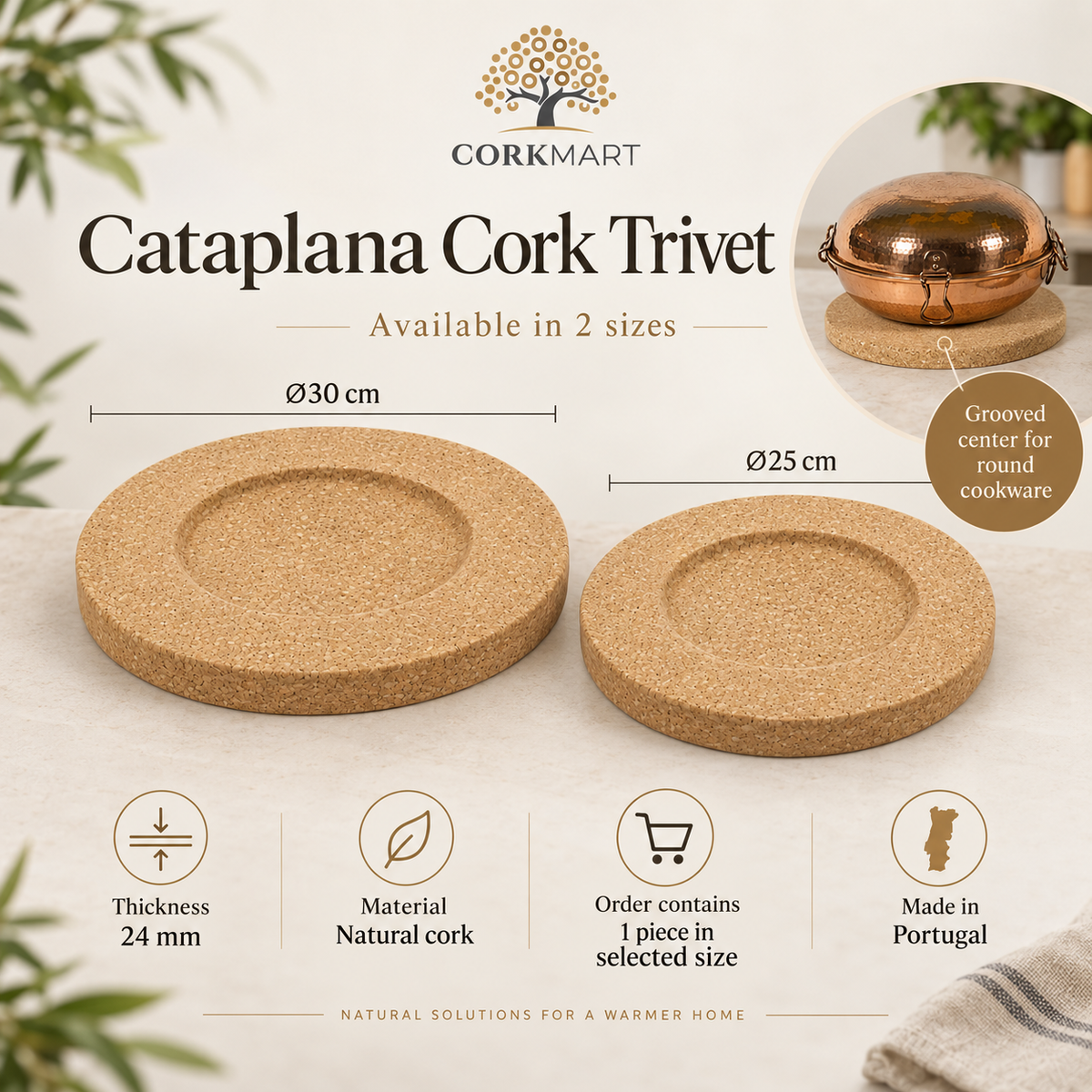 Cataplana cork trivet infographic with Ø25 and Ø30 cm sizes, 24 mm thickness and natural cork material