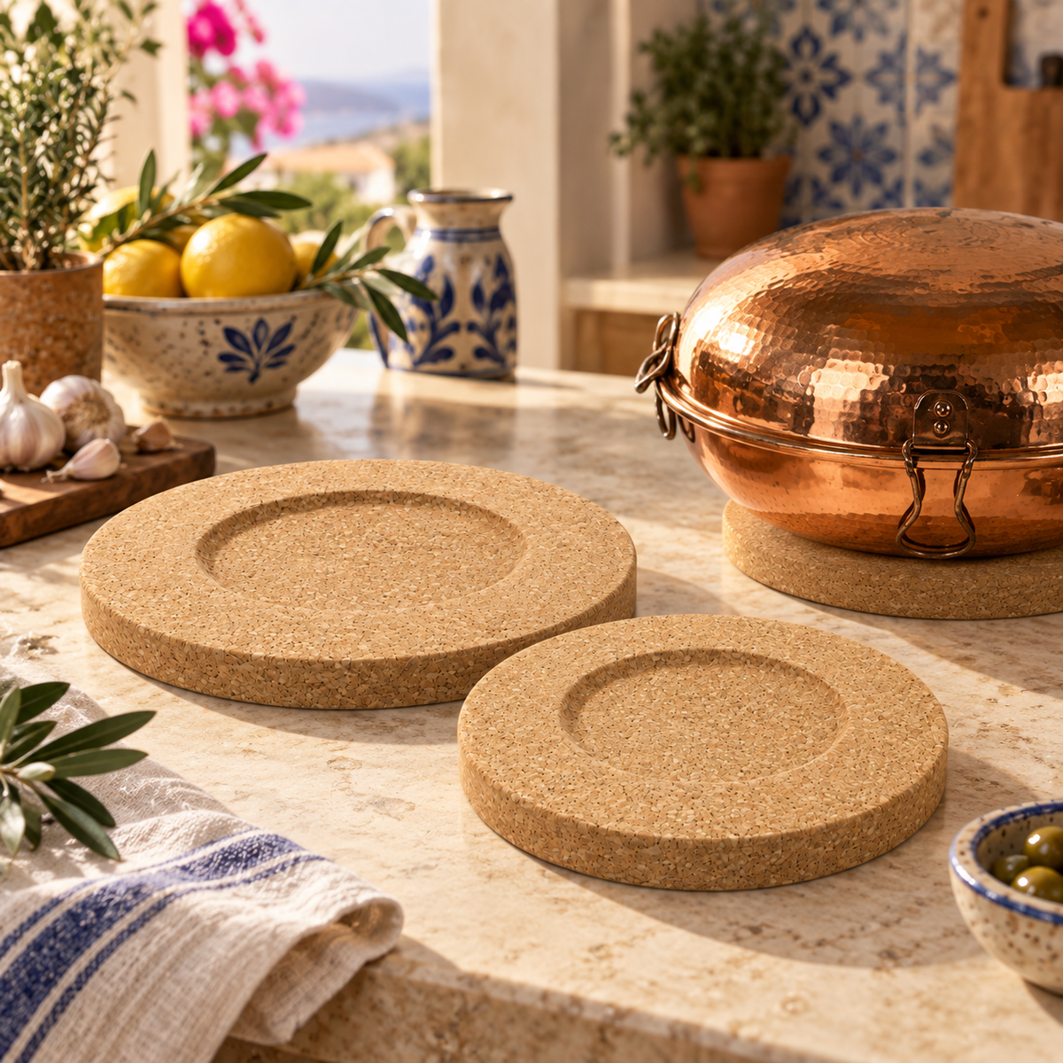 Cataplana cork trivet size options styled in a Portuguese Mediterranean kitchen