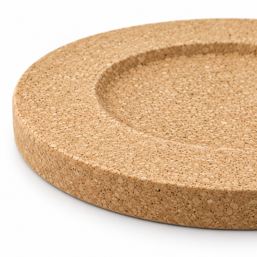 Macro detail of Cataplana cork trivet natural cork texture, edge and recessed groove