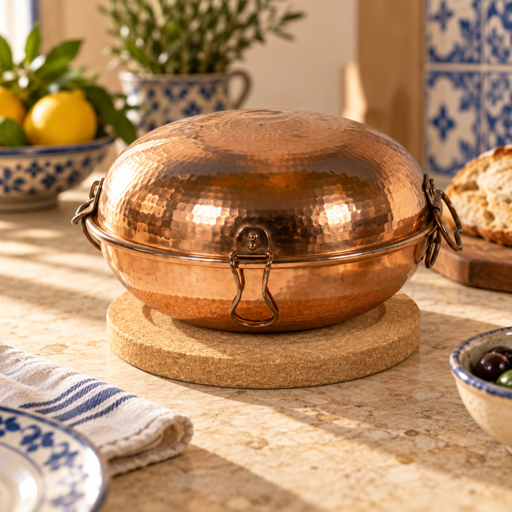 Cataplana cork trivet supporting copper Portuguese cataplana cookware in a warm kitchen