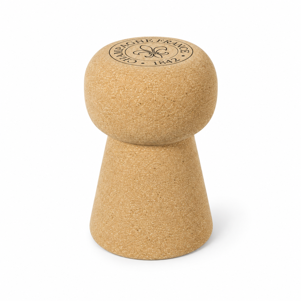 Champagne Stopper Cork Stool, angled studio view showing the champagne-stopper silhouette and engraved top detail