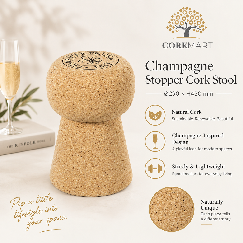 Champagne Stopper Cork Stool editorial collage with official CorkMart logo, real use, cork texture and dimensions