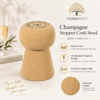 Champagne Stopper Cork Stool editorial collage with official CorkMart logo, real use, cork texture and dimensions