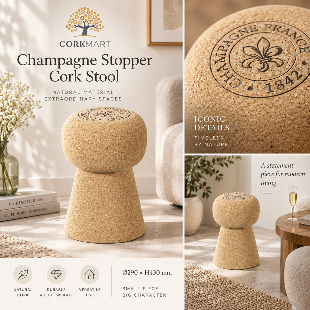 Champagne Stopper Cork Stool infographic with official CorkMart logo, Ø290 × H430 mm dimensions and natural cork