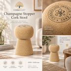 Champagne Stopper Cork Stool infographic with official CorkMart logo, Ø290 × H430 mm dimensions and natural cork