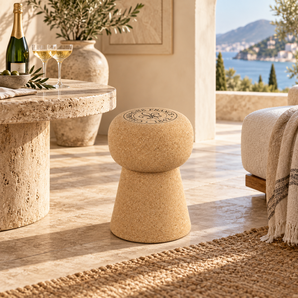 Champagne Stopper Cork Stool in a Mediterranean-inspired interior