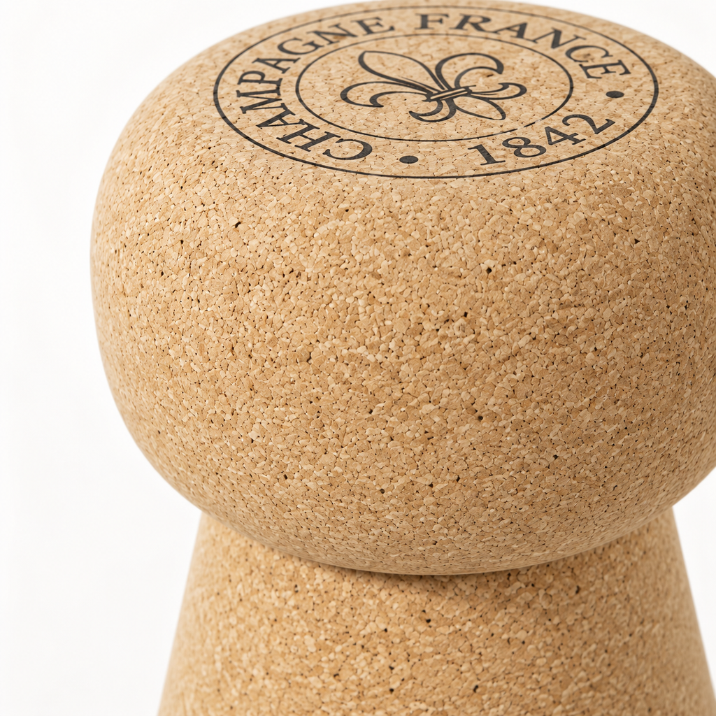 Macro detail of natural cork texture and engraved champagne-inspired top on Cork Stool