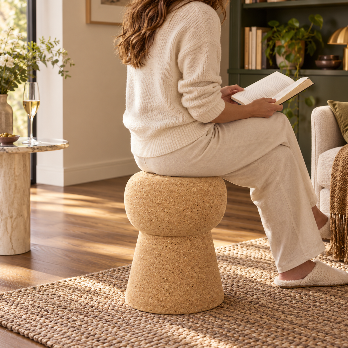 Champagne Stopper Cork Stool used as seating in a warm residential reading setting