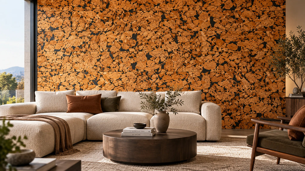 Cloud Black cork wall tile shown in a conceptual architectural interior visualization