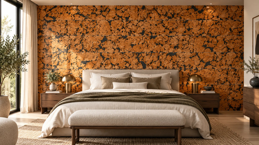 Cloud Black cork wall tile shown in a conceptual residential bedroom visualization