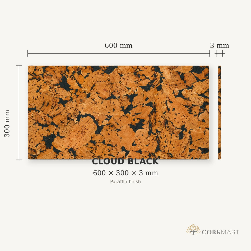Cloud Black cork wall tile dimensions for the 600 × 300 × 3 mm format; 300 × 300 mm format also available