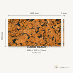 Cloud Black cork wall tile dimensions for the 600 × 300 × 3 mm format; 300 × 300 mm format also available