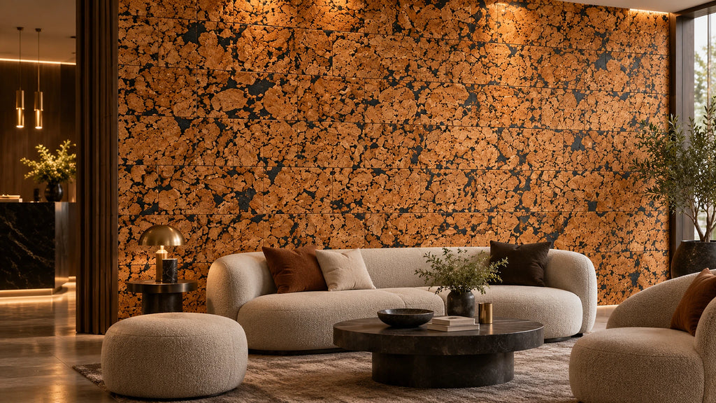 Cloud Black cork wall tile shown in a conceptual hospitality reception visualization