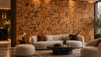 Cloud Black cork wall tile shown in a conceptual hospitality reception visualization