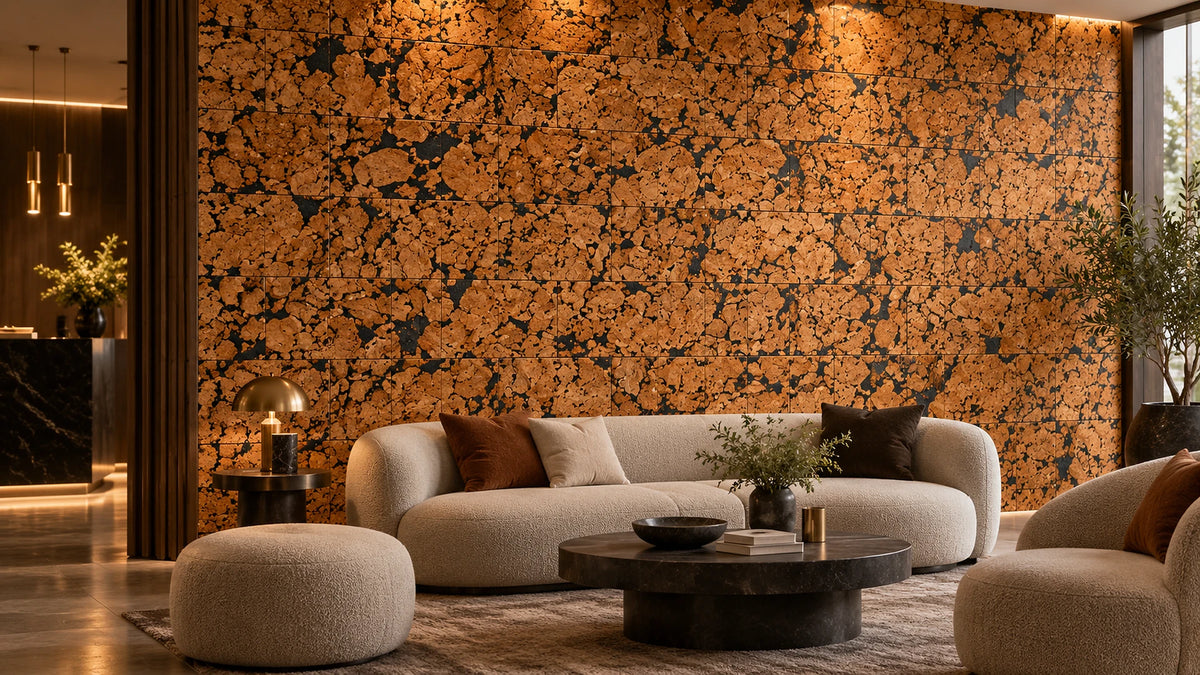 Cloud Black cork wall tile shown in a conceptual hospitality reception visualization