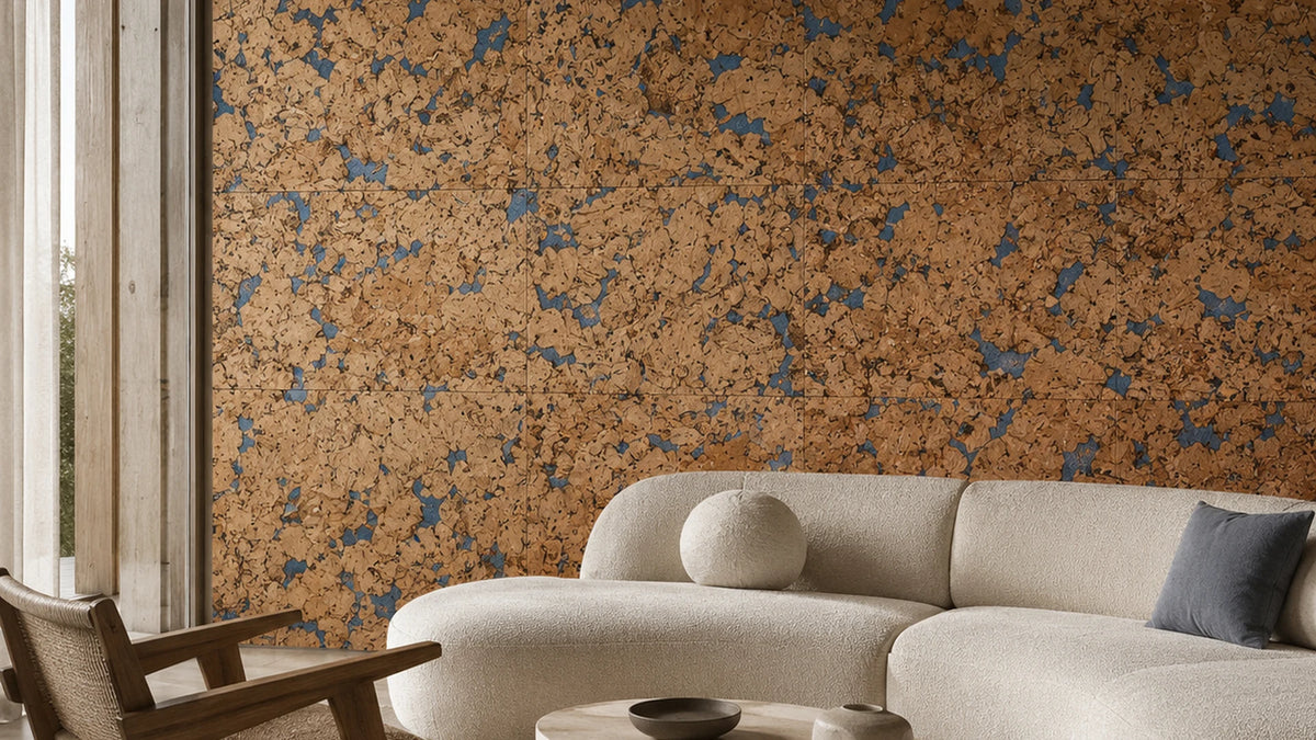 Cloud Blue cork wall tile shown in a conceptual architectural interior visualization